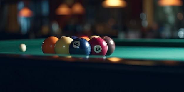 Photo pool or billiards balls on light blue tableai generated