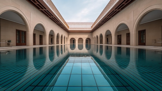 A pool in a building that has a blue sky in the background.