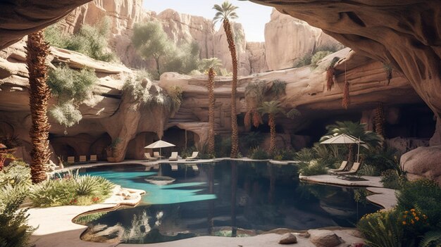 A pool in a cave with palm trees and a mountain in the background