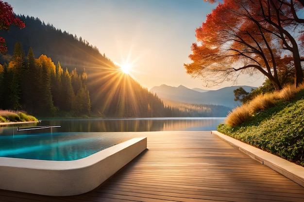 A pool on a deck with mountains in the background