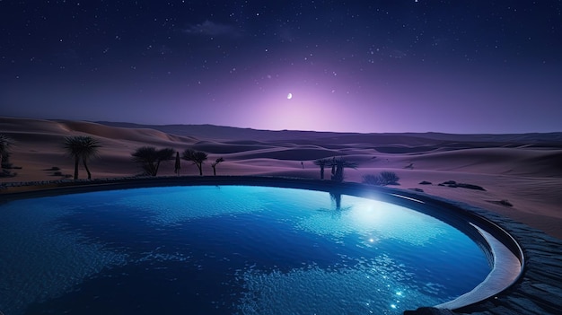 A pool in the desert with the moon in the background