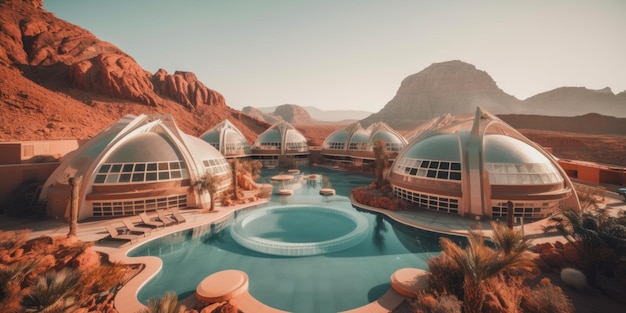 A pool in a desert with a mountain in the background generative ai image