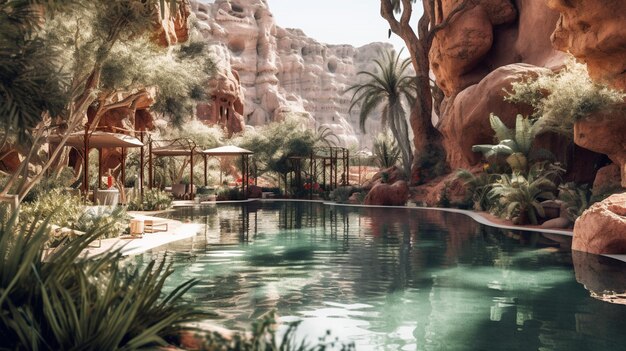 A pool in a desert with a mountain in the background