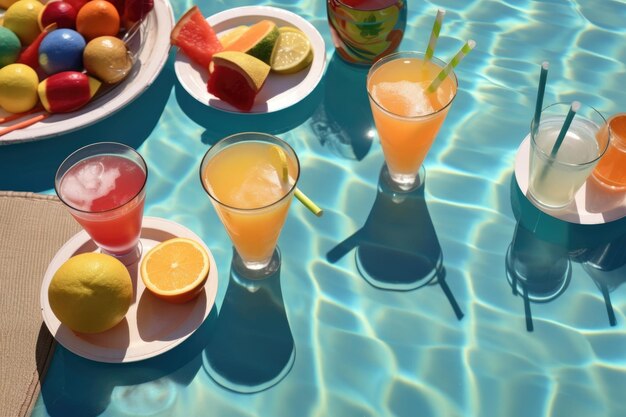 Photo pool floaties and tom collins drinks on table created with generative ai