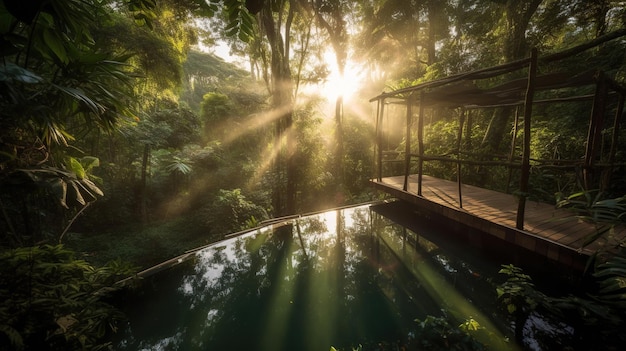A pool in the forest with sun shining through the trees