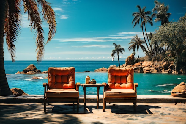 an pool in front of beach palm trees and chairs