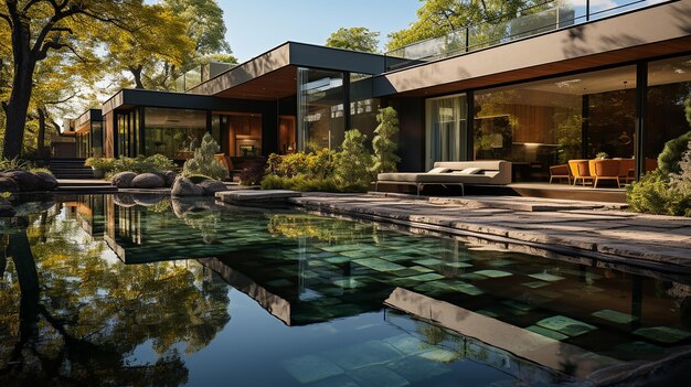 Pool in Front of the House in the Sunset Light