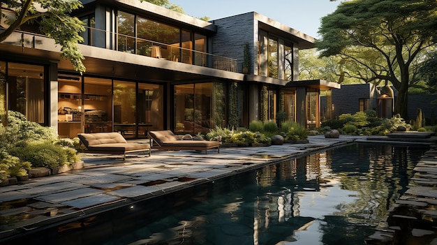 Pool in Front of the House in the Sunset Light