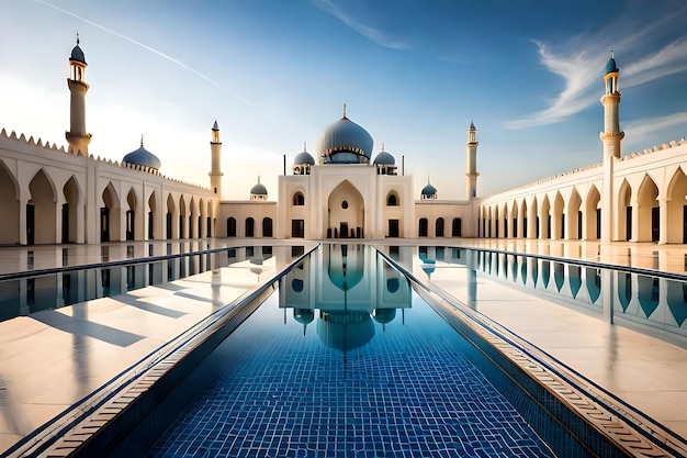 Foto una piscina di fronte a una moschea con il sole che tramonta dietro di essa