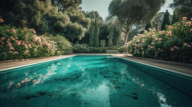 A pool in a garden with flowers and trees