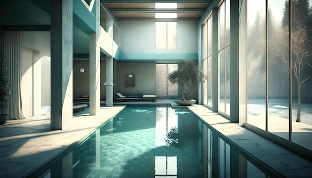 A pool in a house with a tree in the middle