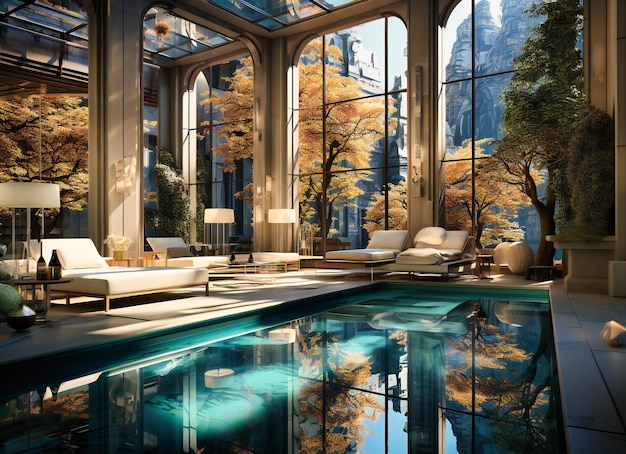 a pool inside a home with a ceiling and floors