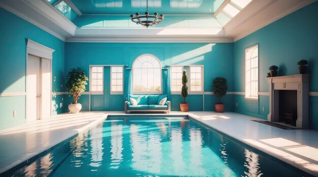 A pool inside a modern room with blue tone