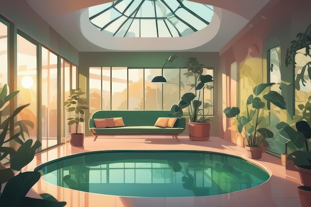 A pool inside the room at sunrise in flat art style