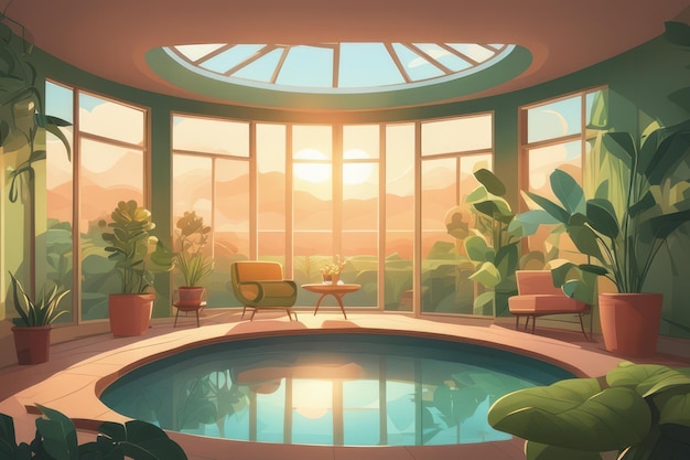 A pool inside the room at sunrise in flat art style