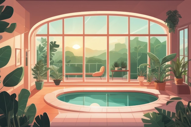 A pool inside the room at sunrise in flat art style