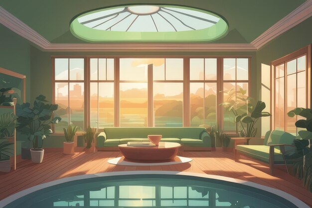 A pool inside the room at sunrise in flat art style