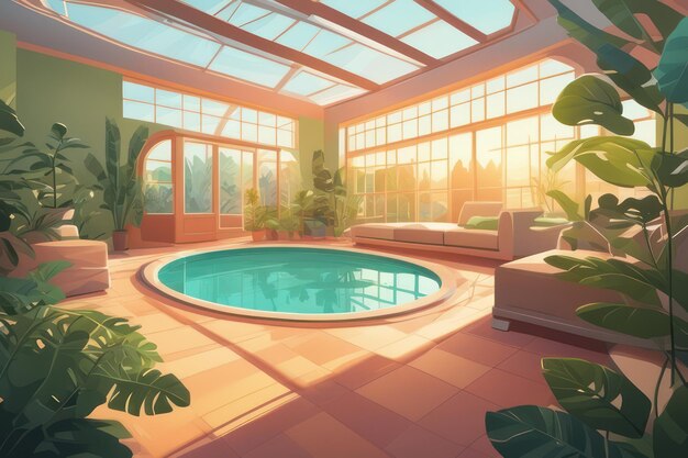 A pool inside the room at sunrise in flat art style