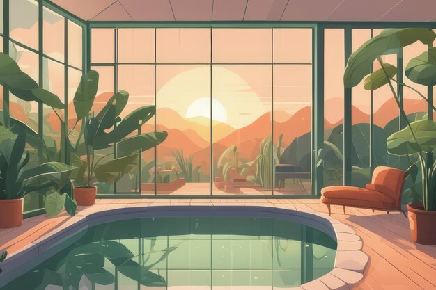 A pool inside the room at sunrise in flat art style