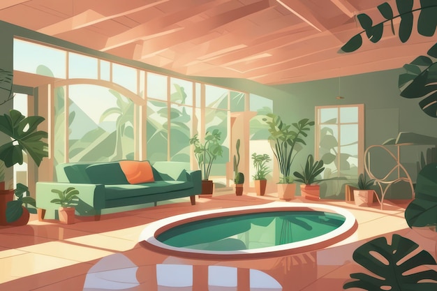 A pool inside the room at sunrise in flat art style