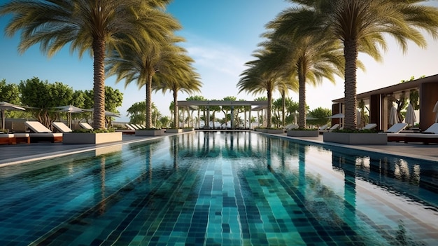 Photo the pool is lined with palm trees and the ocean is a beautiful setting for a wedding reception.