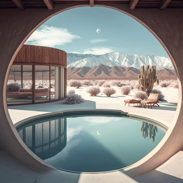 A pool is shown through a window of a house with mountains in the background.