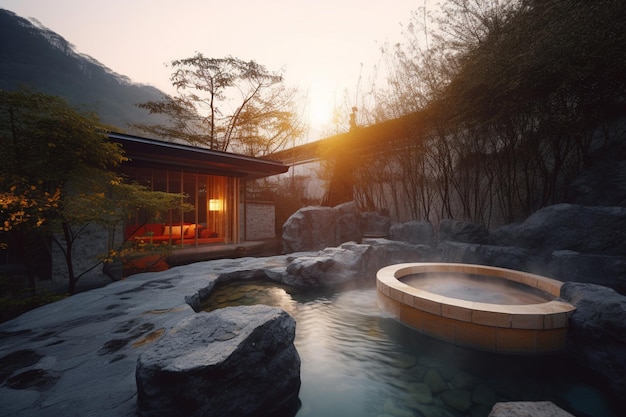 A pool in a japanese garden with a stone wall and a sunset in the background.