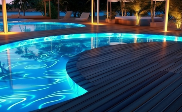 Foto piscina luminosa notturna grande località acquatica vacanze di lusso vacanze estive ia generativa