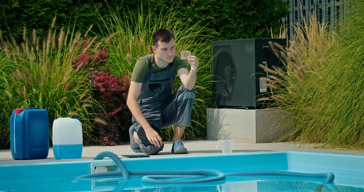 Pool maintenance technician analyzing water sample beside a swimming pool surrounded by greenery and
