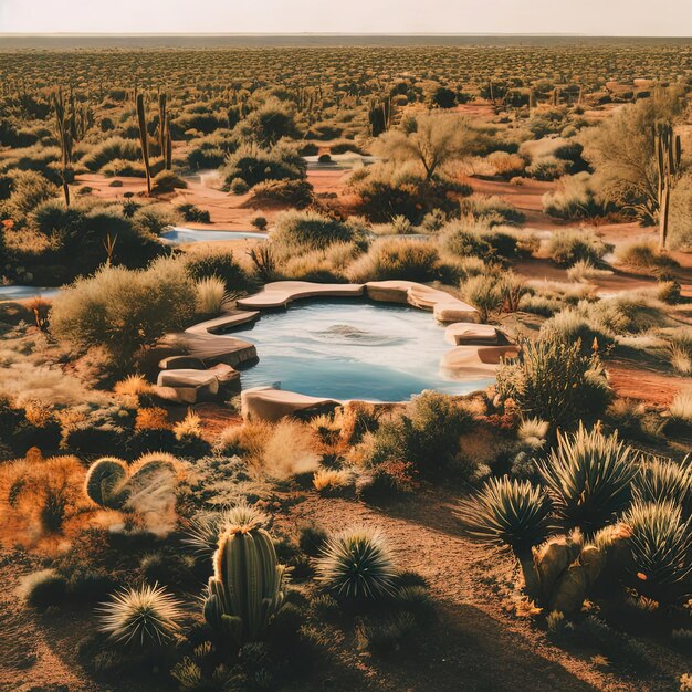 Photo a pool in the middle of a desert with cactus trees