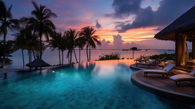 The pool at or near maldives at twilight