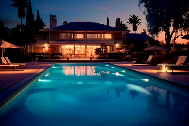 The pool at night with the lights on