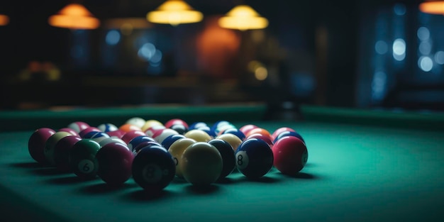 Pool- of biljartballen op lichtblauwe tableAI gegenereerd