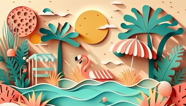 Pool party background in paper cut style Generative AI