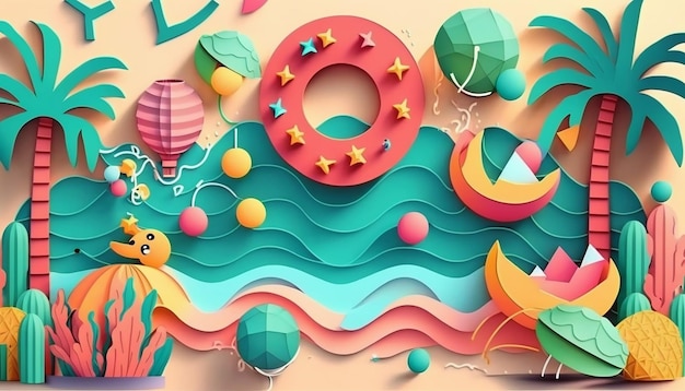 Pool party background in paper cut style Generative AI