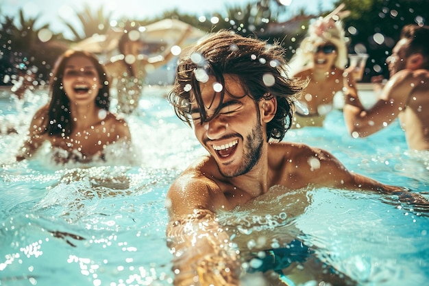 Pool Party Friends laughing and splashing in a sparkling pool enjoying refreshing drinks the summer