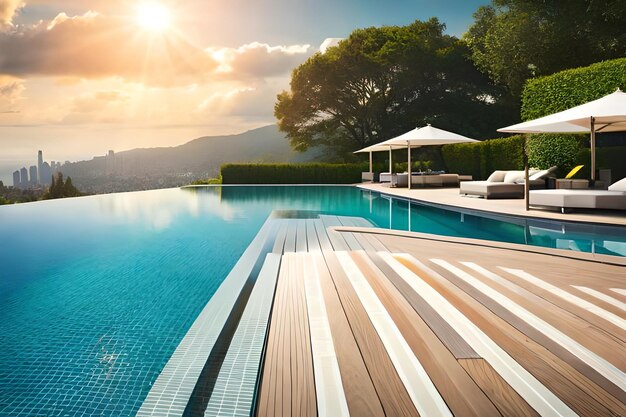 The pool and pool area of a villa with a view of the mountains