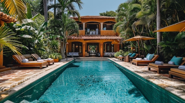Photo pool surrounded by palm trees and house