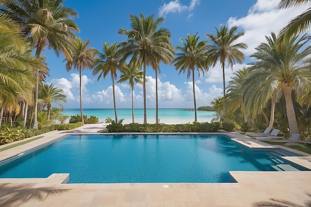 A pool surrounded by palm trees