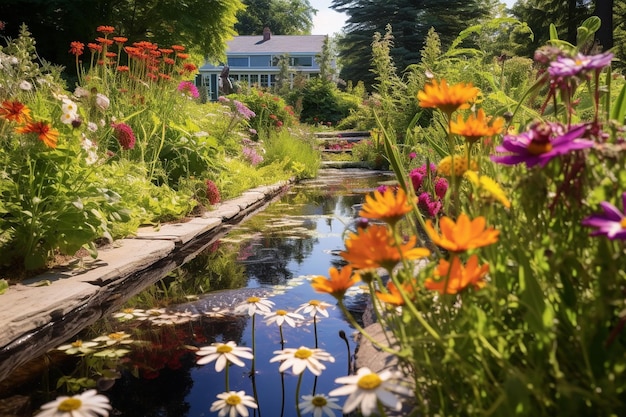 A pool surrounded by wildflowers