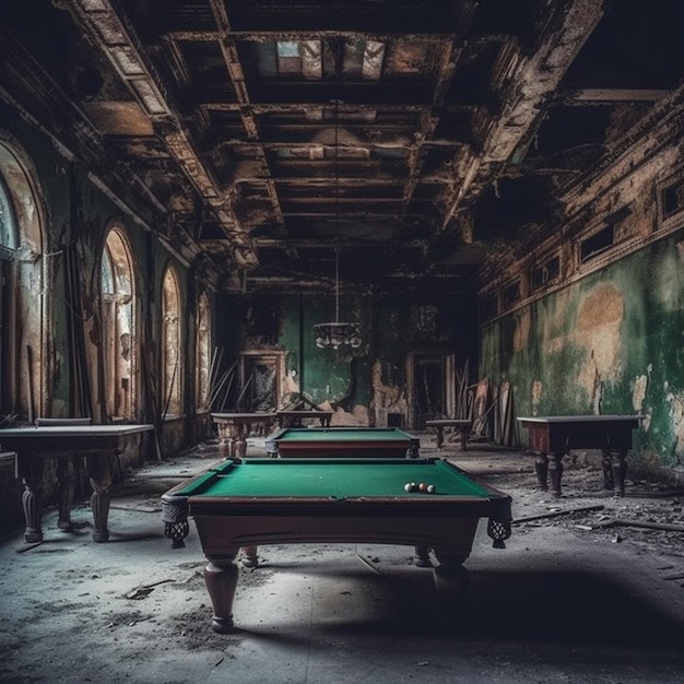 A pool table in an abandoned building with a chandelier hanging from the ceiling.