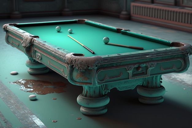 A pool table in a bar with a green pool table and the word pool on it.