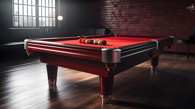 Photo a pool table in a dark room with red pool table and red felt balls.