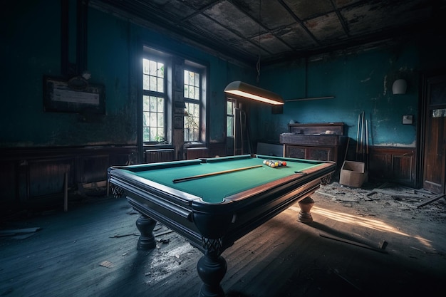 A pool table in an empty room with a lamp on the wall