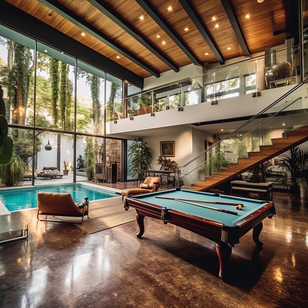 Photo a pool table and pool table in a large room with a glass wall.