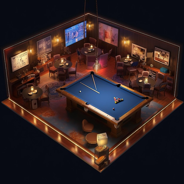 A pool table in a room with a bar and a sign that says'billiards '