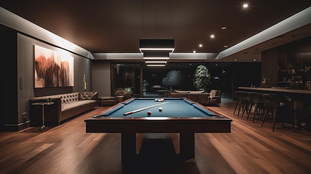A pool table in a room with a couch and a couch