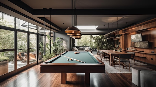 A pool table in a room with a large window and a table with a lamp hanging from it.