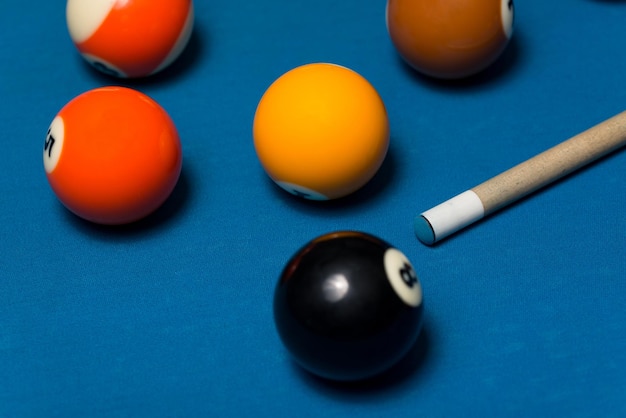 Pool Table With Balls And Cue Stick