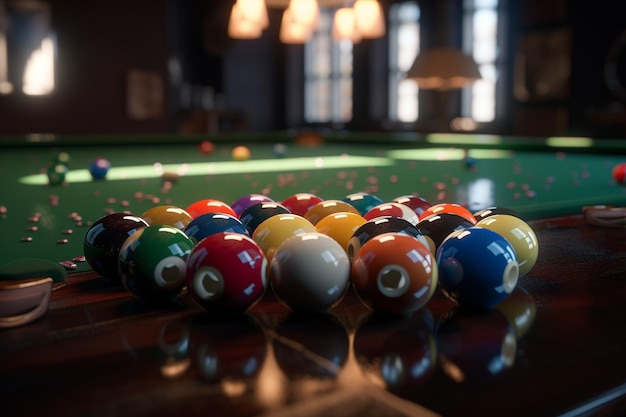 A pool table with colorful balls on it